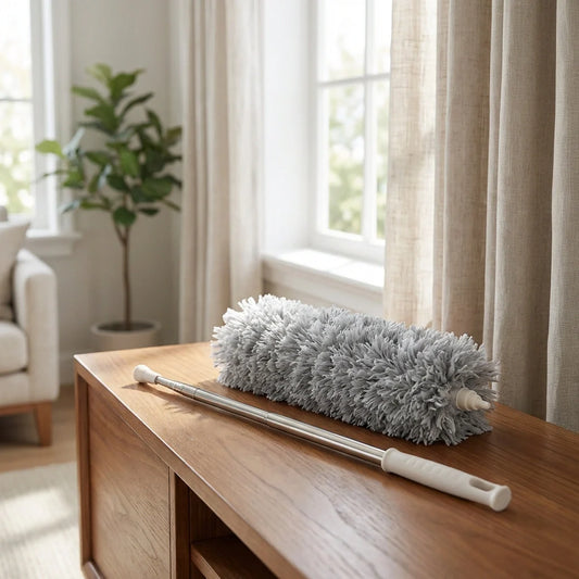 Microfiber extendable duster with gray fluffy head and white telescoping handle