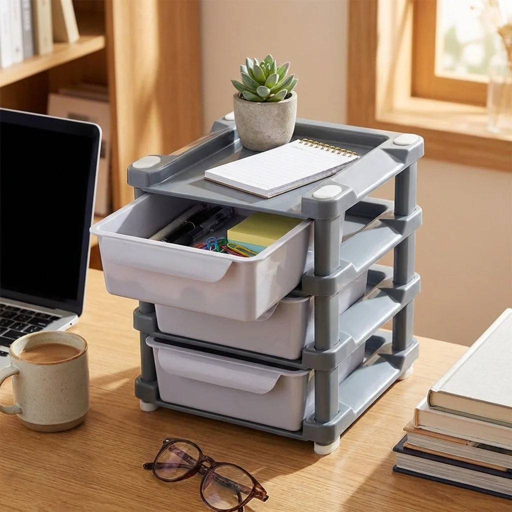 3-layer drawer organizer with top tray and three gray-and-white drawers for notebooks
