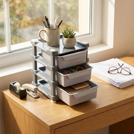 3-layer drawer organizer with three stacked gray bins and open compartments on a desk