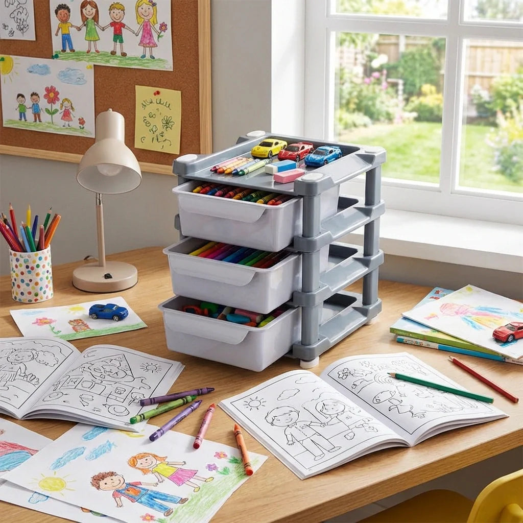 3-layer drawer organizer with three gray-and-white drawers and top tray for art supplies