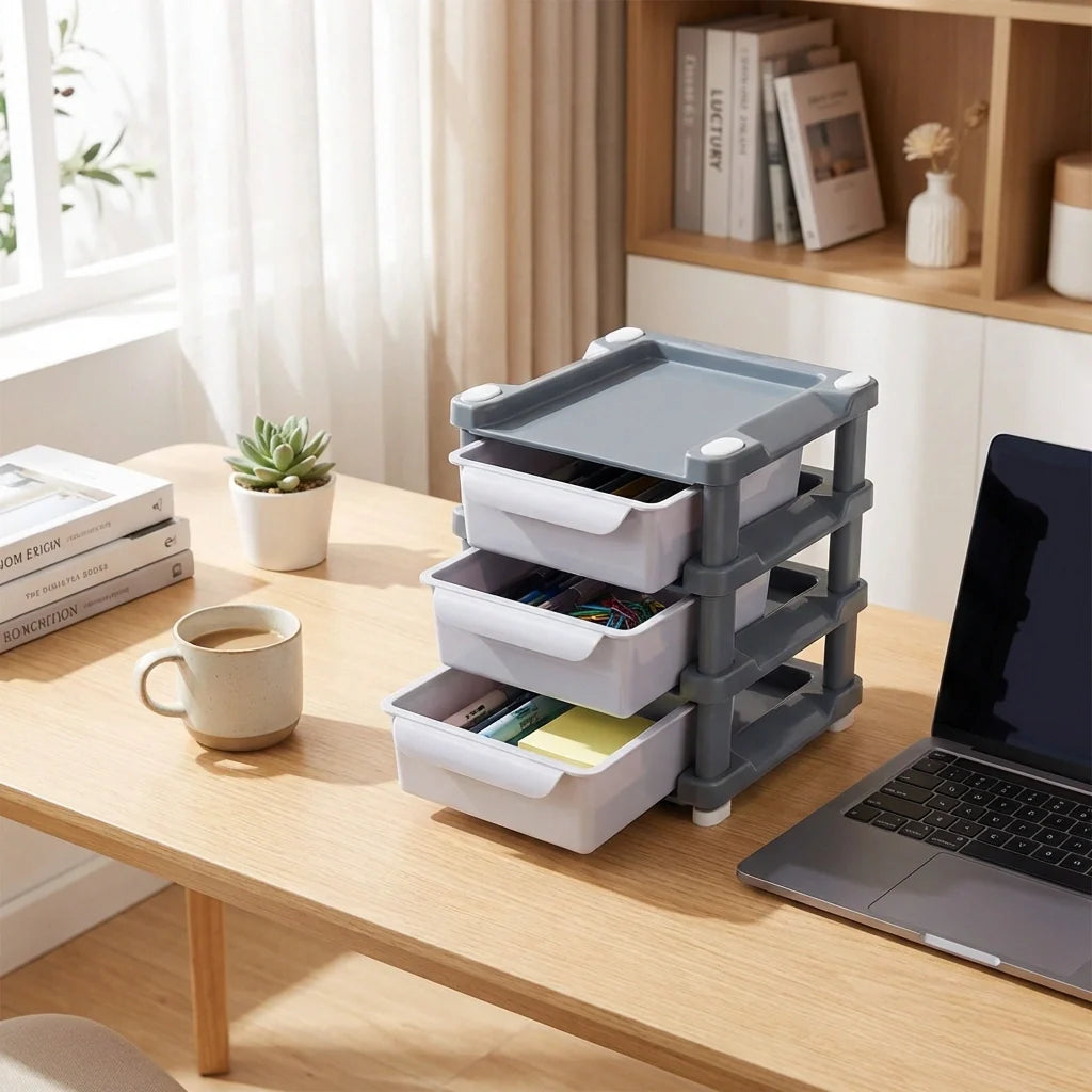 3-layer drawer organizer with three stacked gray-and-white drawers and a lidded top tray