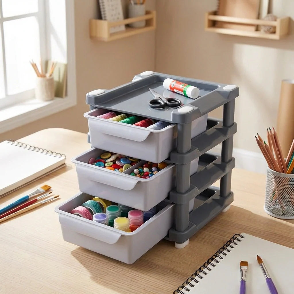 3-layer drawer organizer with three gray-and-white drawers holding stationery and craft items