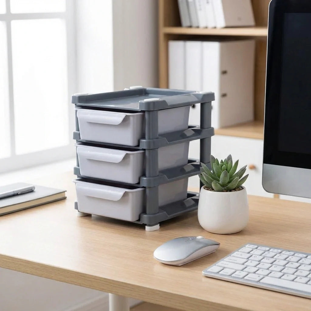 3-layer drawer organizer with three gray-and-white drawers and a top tray for supplies