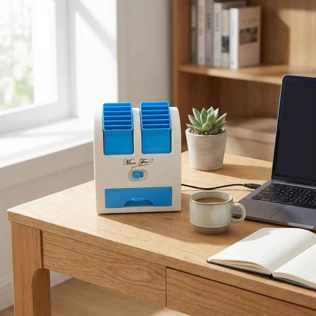 Mini bladeless cooler, white and blue compact fan unit with side vent grilles