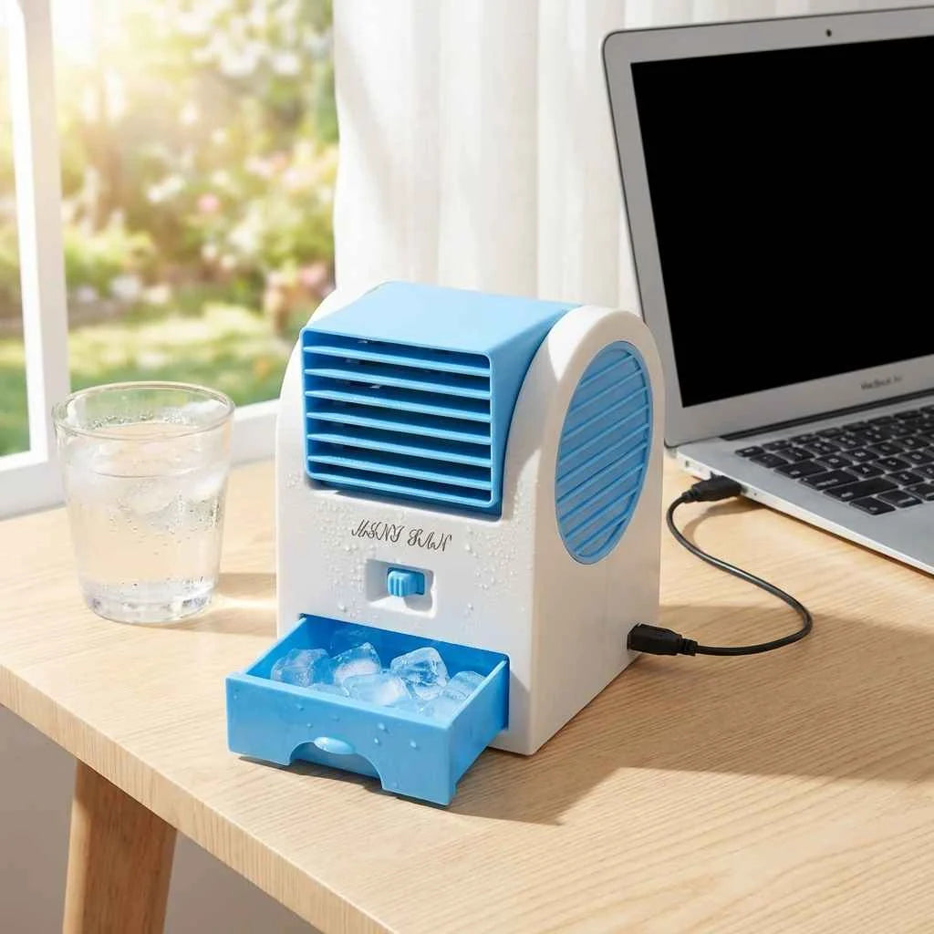 Mini bladeless cooler, white and blue with front vent opening and ice compartment