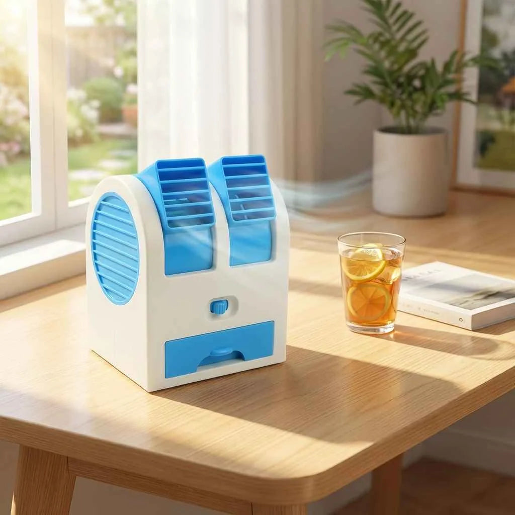 Mini bladeless cooler, white and blue compact unit with front ice tray and vent