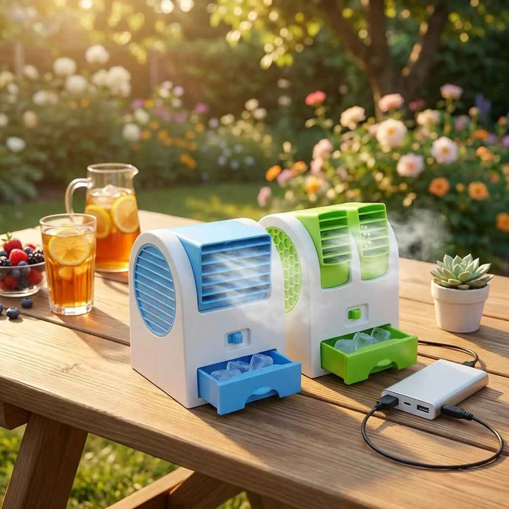 Mini bladeless cooler, white with blue fan housing and green ice tray insert