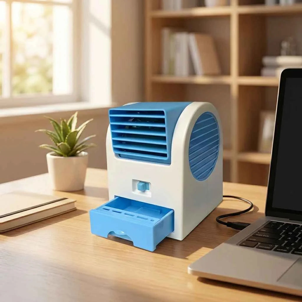 Mini bladeless cooler, white and blue with side vent grille and open ice compartment