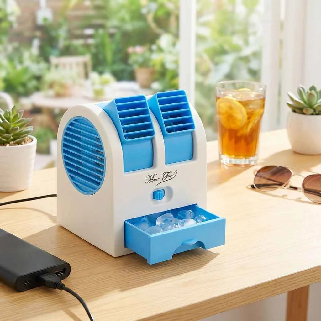 Mini bladeless cooler, white and blue with cup-size cooling fan and pull-out ice bin