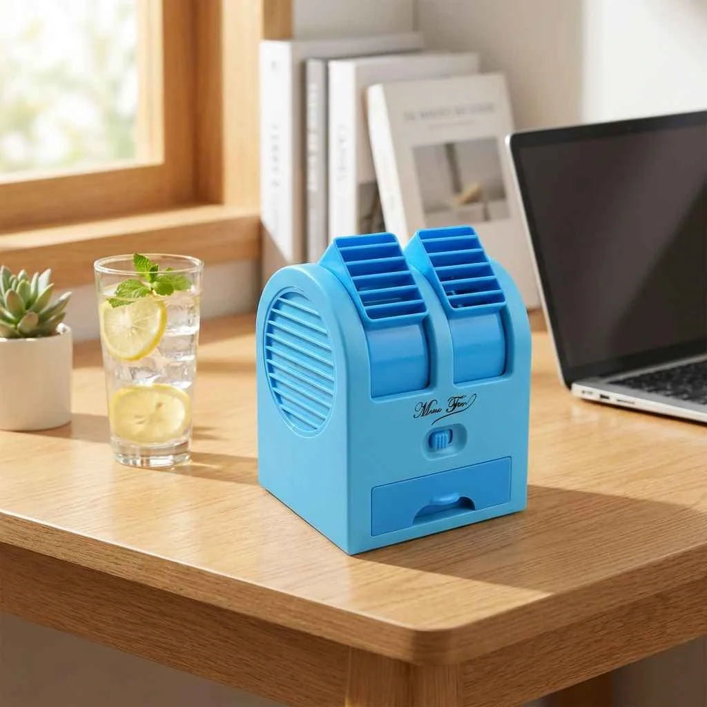 Mini bladeless cooler, white and blue with top vent and open ice bin