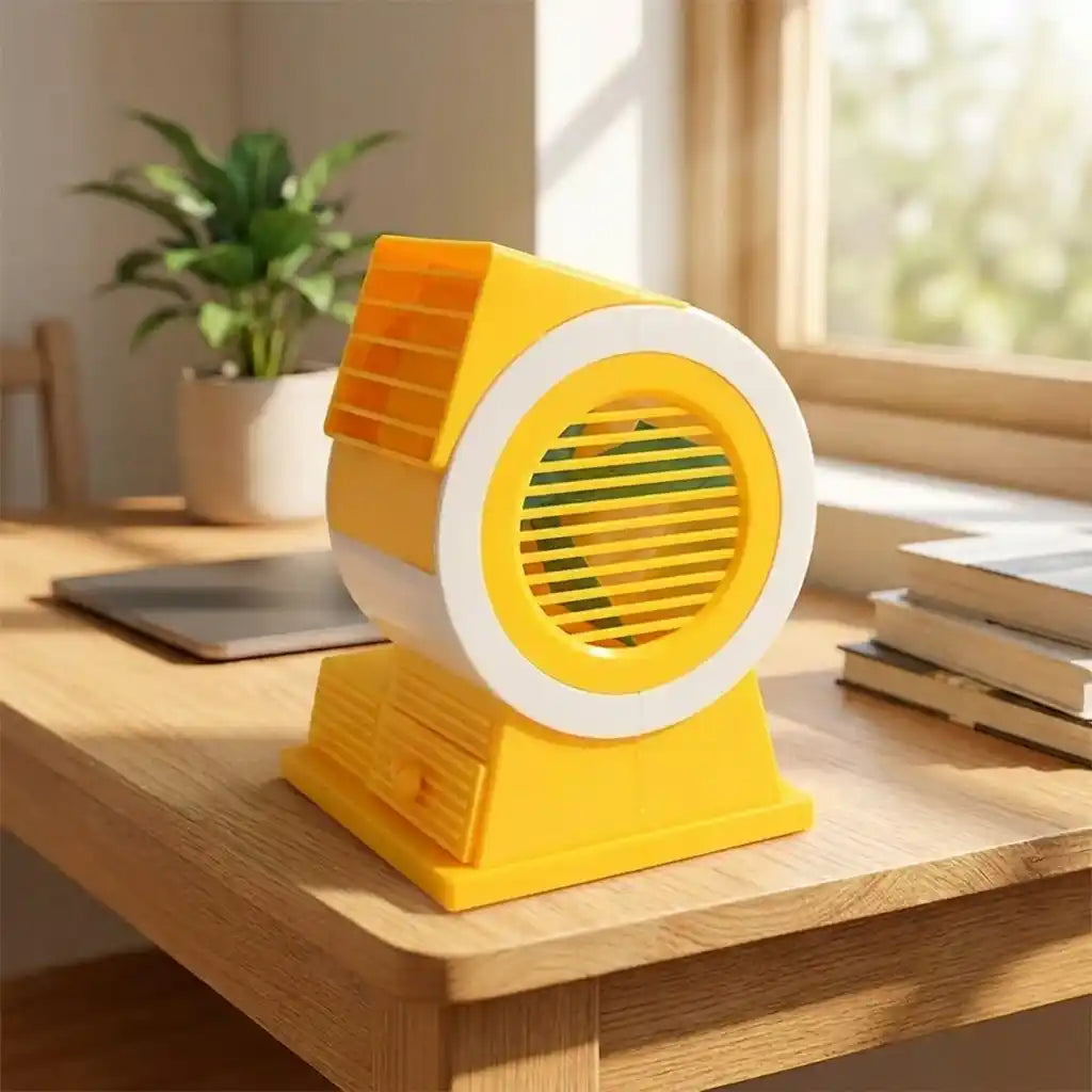 Mini USB fan with circular front grille, yellow base, set on a wooden tabletop.