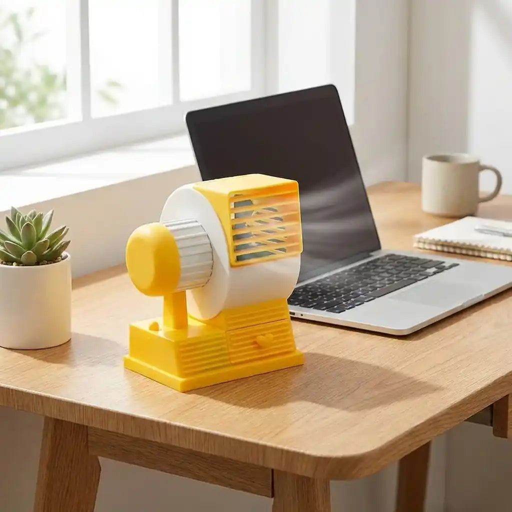 Mini USB fan on a desk, yellow and white body with vented grille beside a laptop.