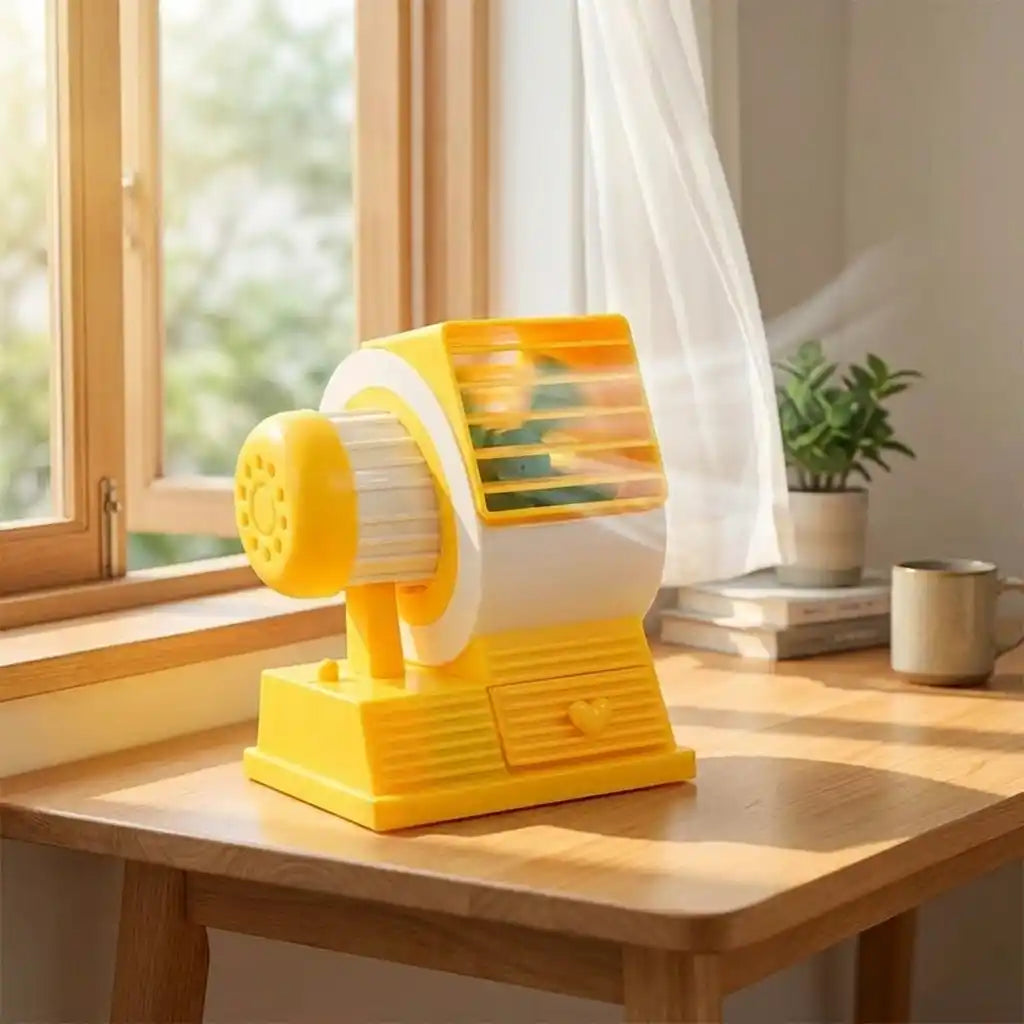 Mini USB fan with dual fan blades, yellow and white housing, standing on a desktop.