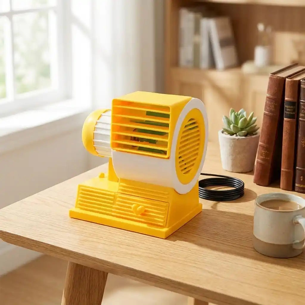 Mini USB fan angled on a desk, yellow housing with front circular grille and stand.