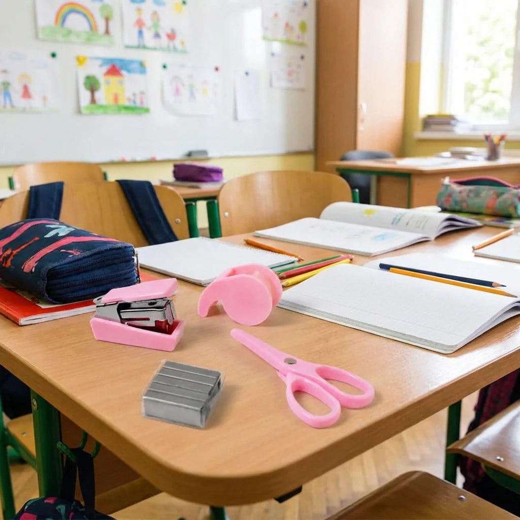 Mini office stationery set with pink scissors, stapler, eraser, and pencil accessories