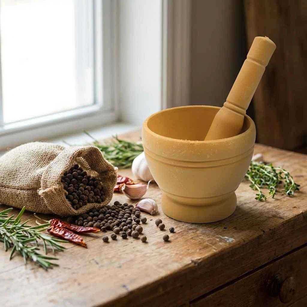 Cream mortar and pestle beside peppercorns, garlic, and herbs