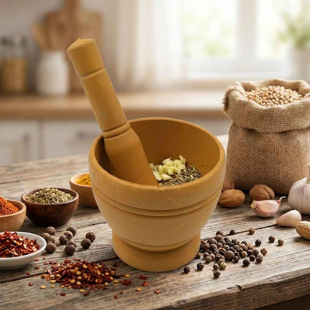 Cream mortar and pestle set with garlic and mixed spices in bowls