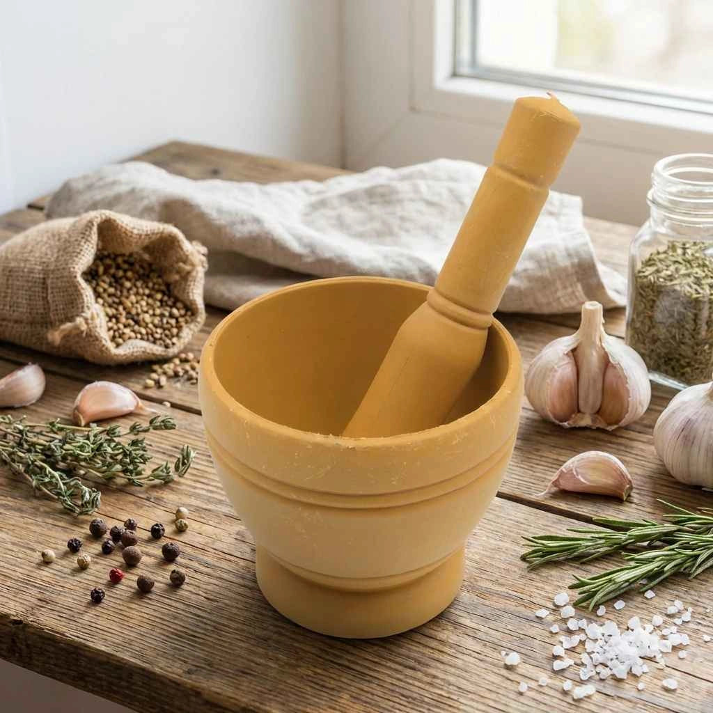 Cream mortar and pestle set on wooden counter with herbs and garlic