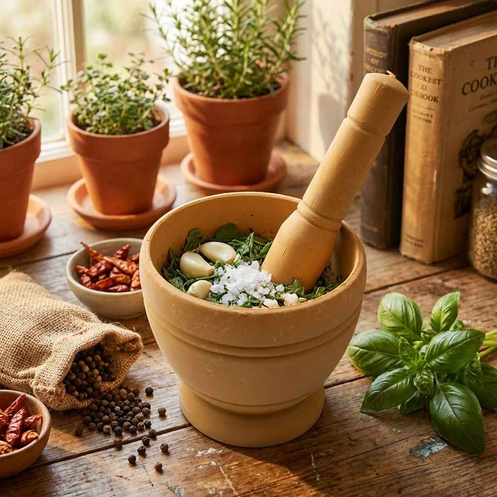 Cream mortar and pestle crushing spices with herbs and spice jars