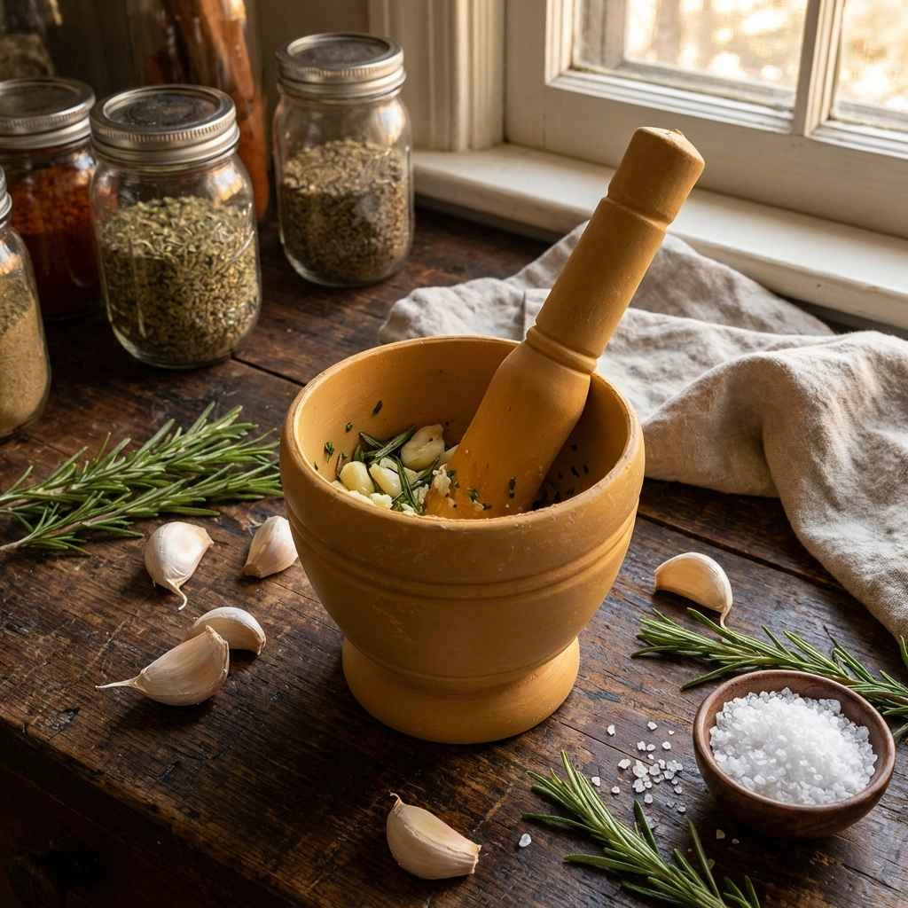 Cream mortar and pestle set with garlic cloves and salt on wooden table