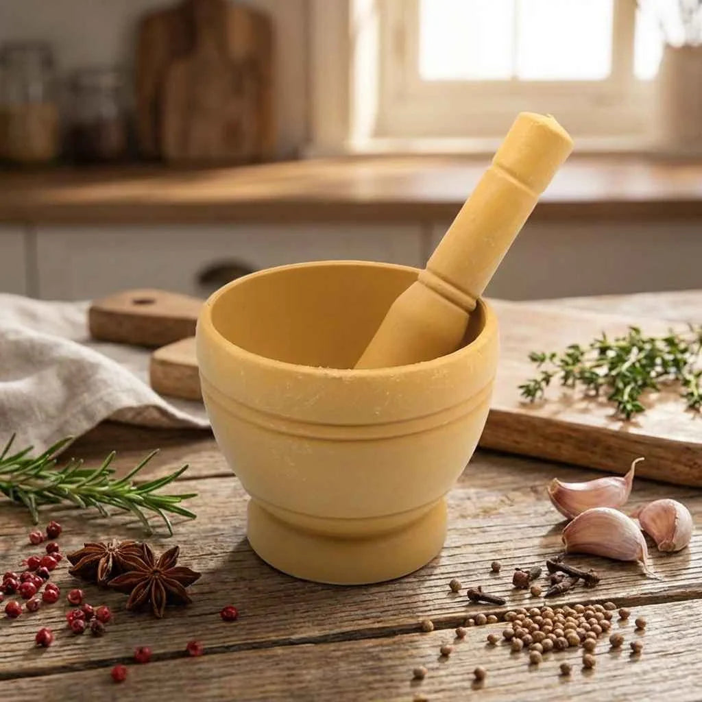 Cream mortar and pestle with spices scattered on wooden tabletop