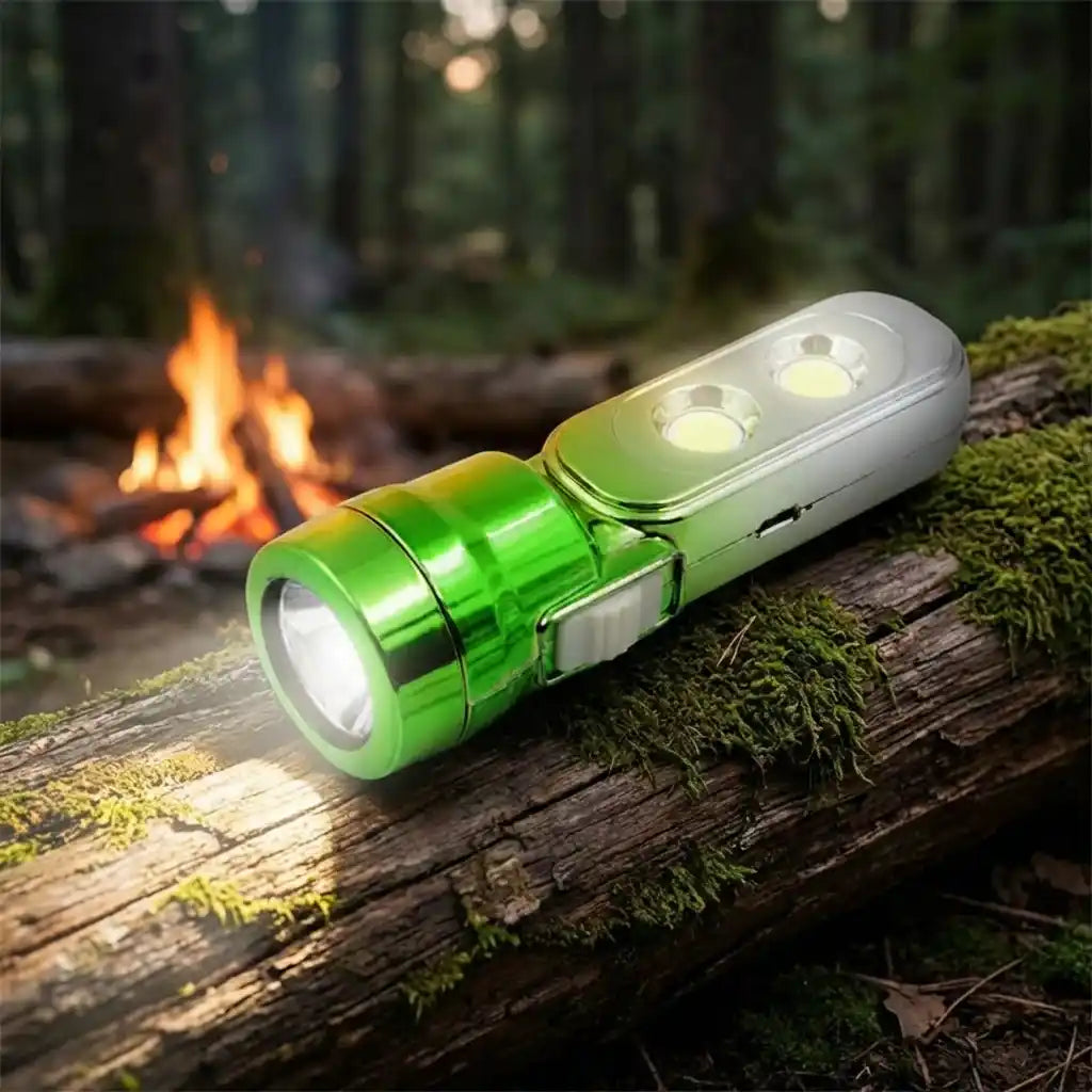 Green and silver multi-LED torchlight with white lanyard cable, front view