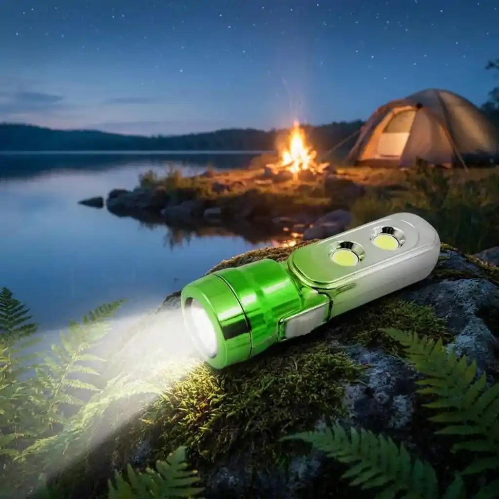Green multi-LED handheld torchlight with white lanyard, beam facing left