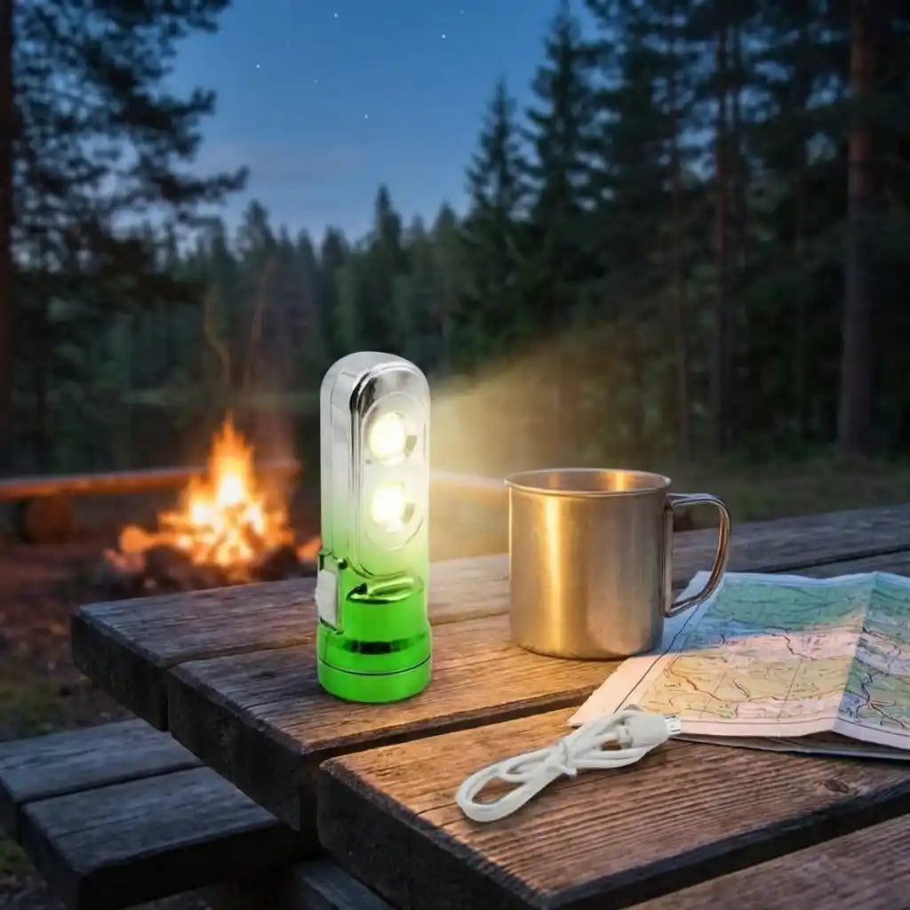 Green multi-LED torchlight with white lanyard, compact lantern-style body