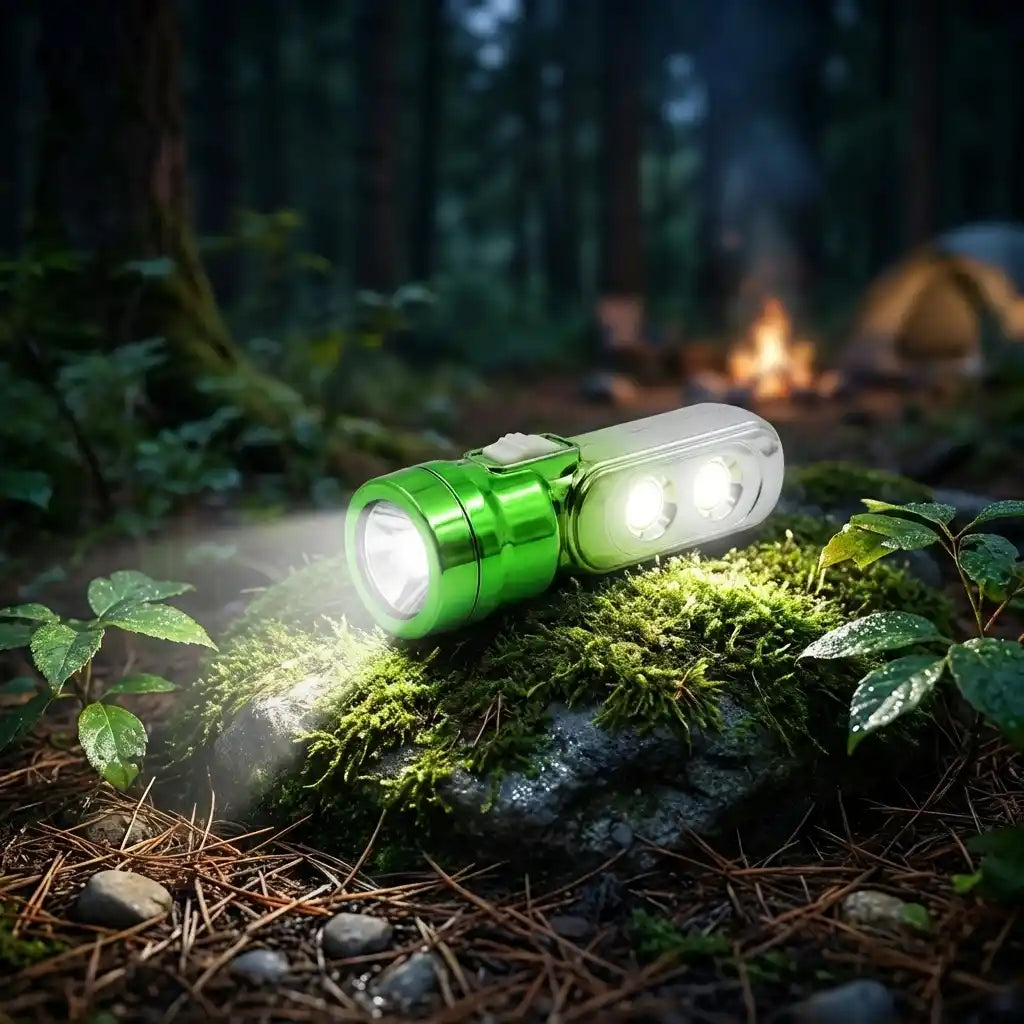 Green multi-LED torchlight with white lanyard on mossy surface, front beam