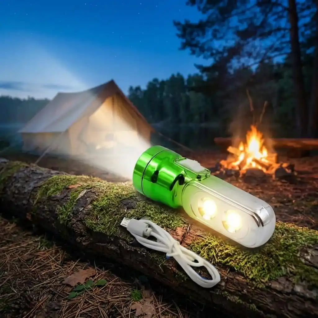 Green multi-LED torchlight with white lanyard cable, illuminated head detail