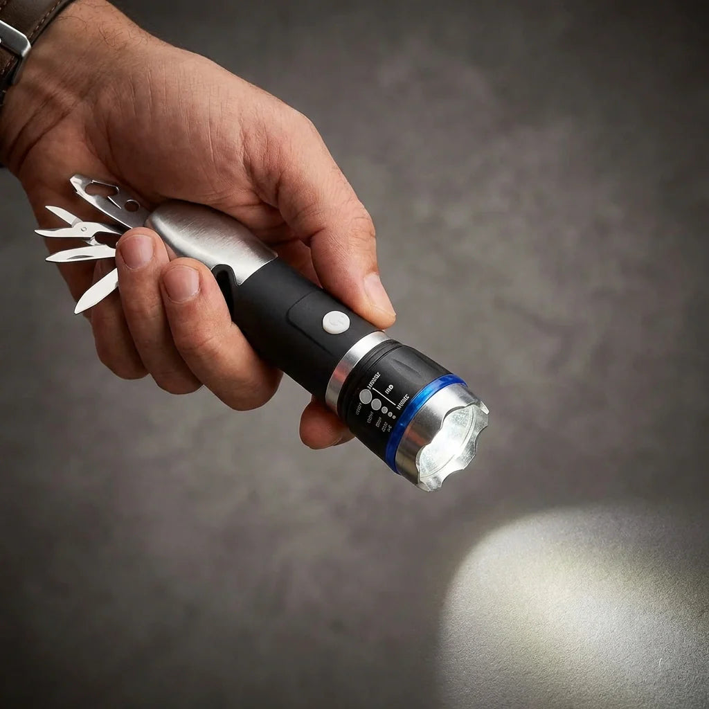 Multi tool LED flashlight with silver head and fold-out tool blades