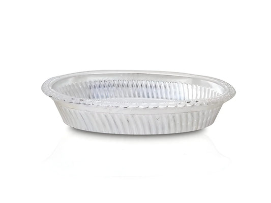 Oval silver gift tray with ribbed sides and textured ridges at the bottom