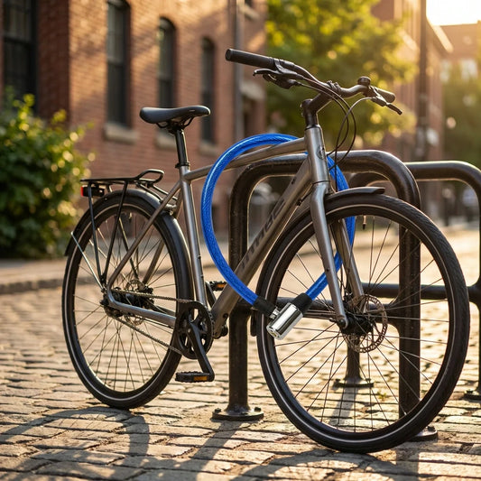 Security cable lock with blue coiled cable attached to bicycle frame and wheel