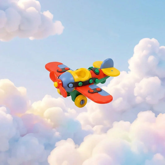 Colorful musical crawling helicopter toy with spinning propeller and red-blue body