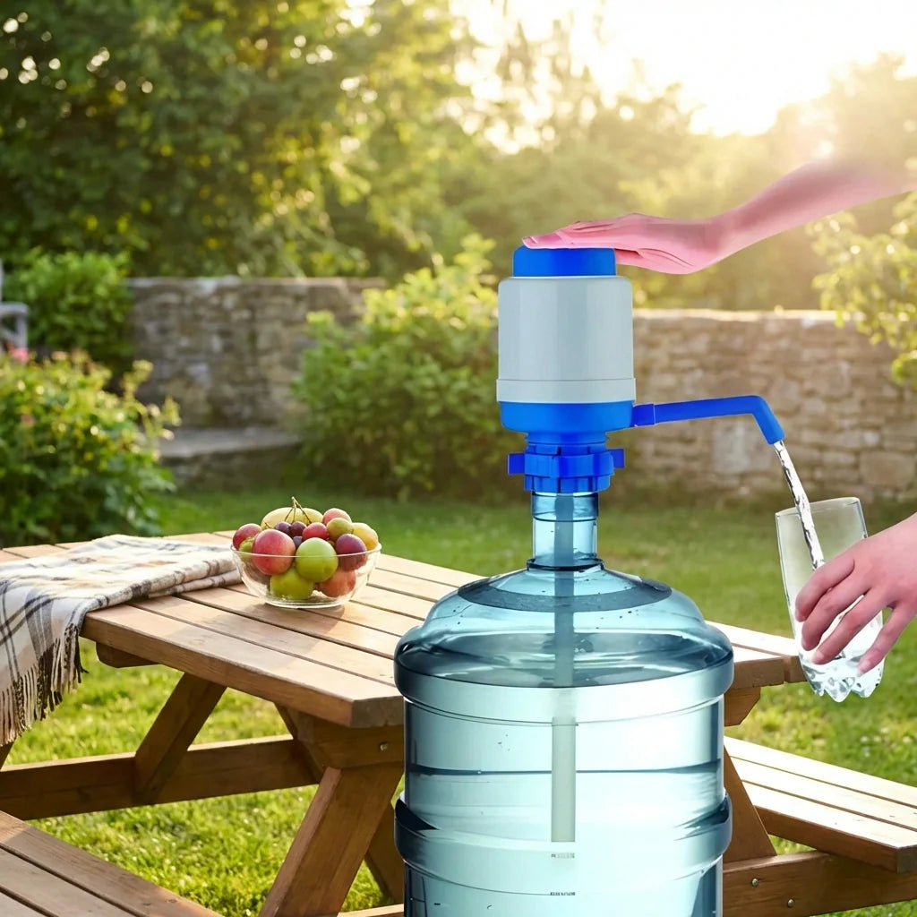 Water bottle pump with light blue bottle and blue manual spout