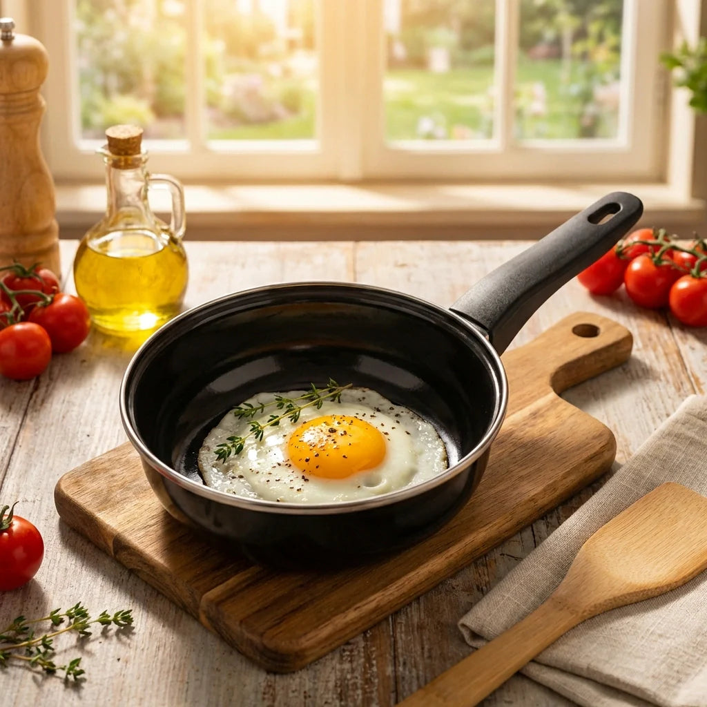 Non-stick fry pan with black interior holding a fried egg