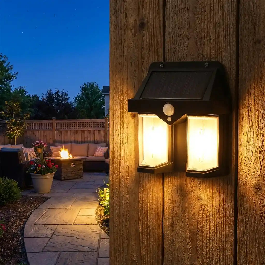 Outdoor solar wall lamp with black solar panel top and warm glowing lantern light on wood wall