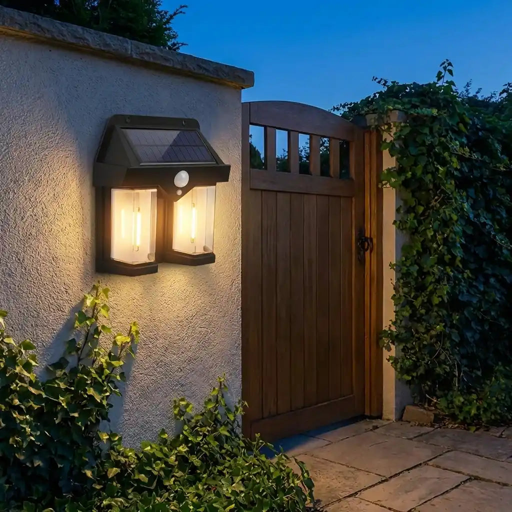Outdoor solar wall lamp with black lantern housing, solar panel top, warm light glowing on wall