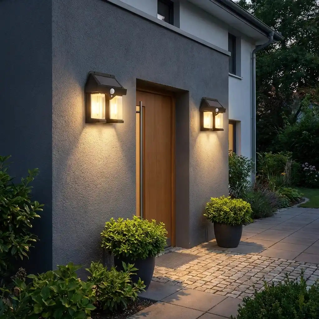 Outdoor solar wall lamp, black lantern with solar panel and warm glow on exterior wall