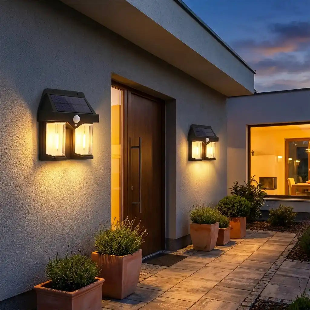 Outdoor solar wall lamp with black lantern housing and solar panel on top, glowing on wall