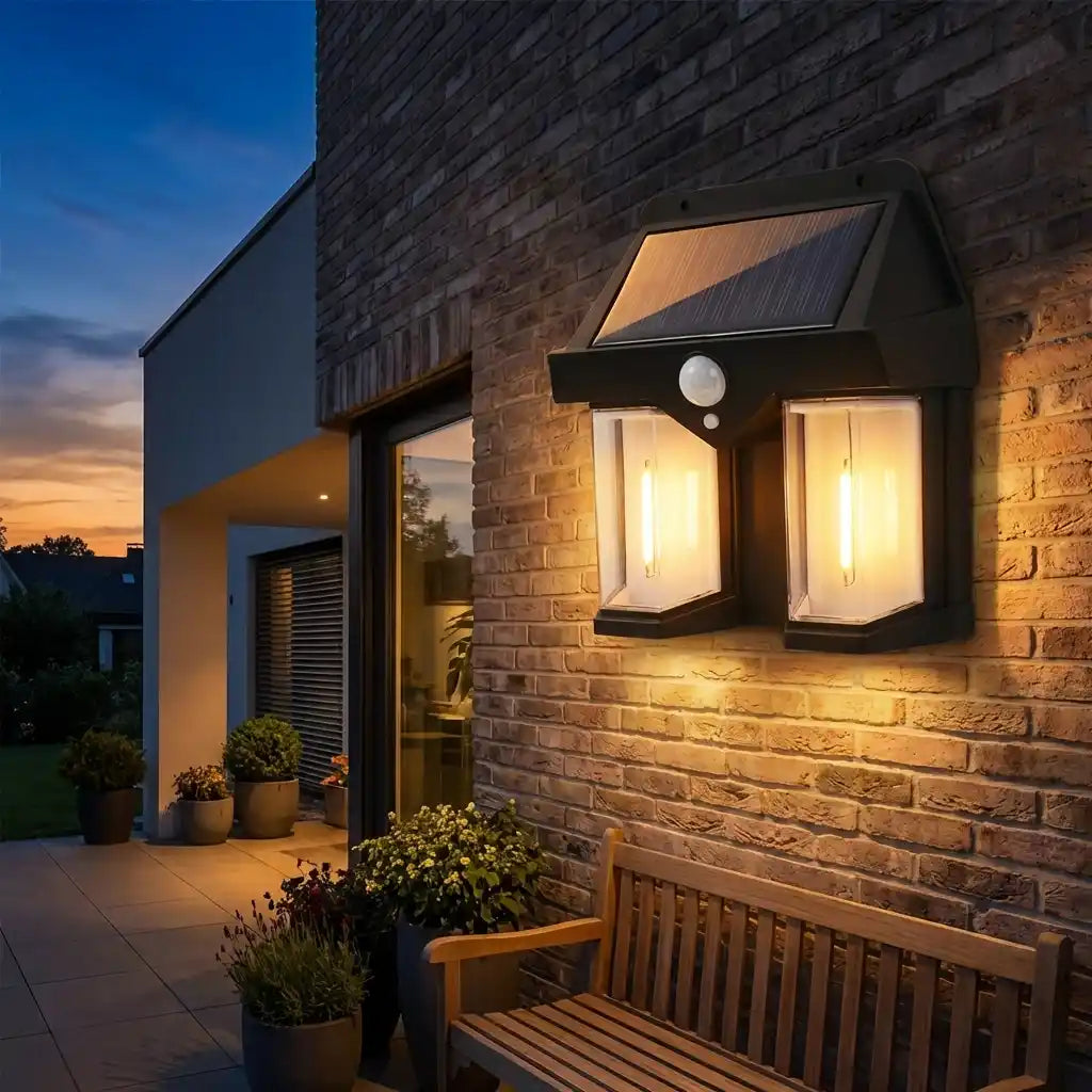 Outdoor solar wall lamp, black wall-mounted lantern with solar panel and two glowing side lights