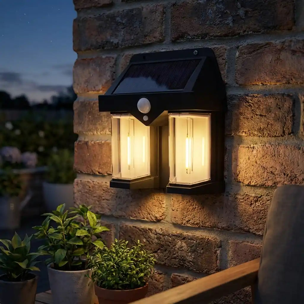 Outdoor solar wall lamp with solar panel and black lantern body, warm light glowing on brick wall