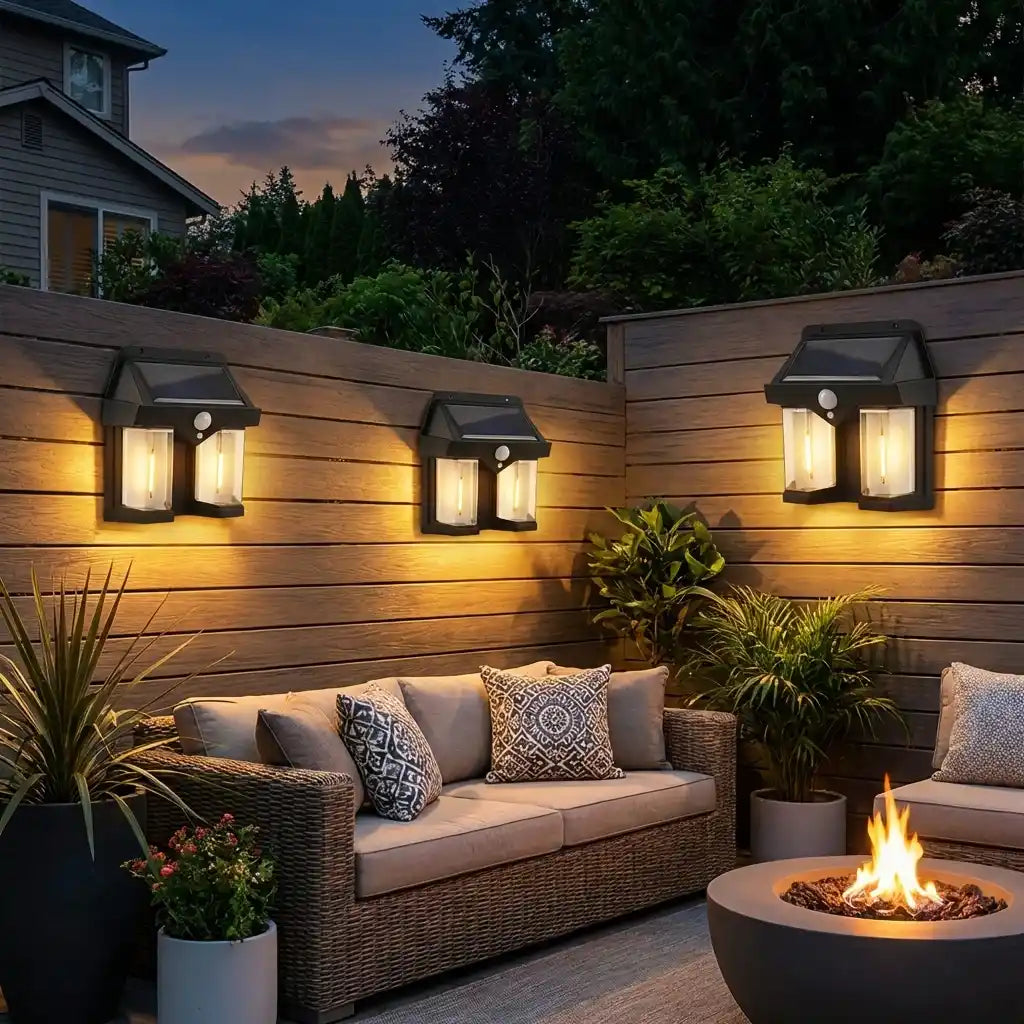 Outdoor solar wall lamp set, black wall lanterns with solar panels and warm light glow