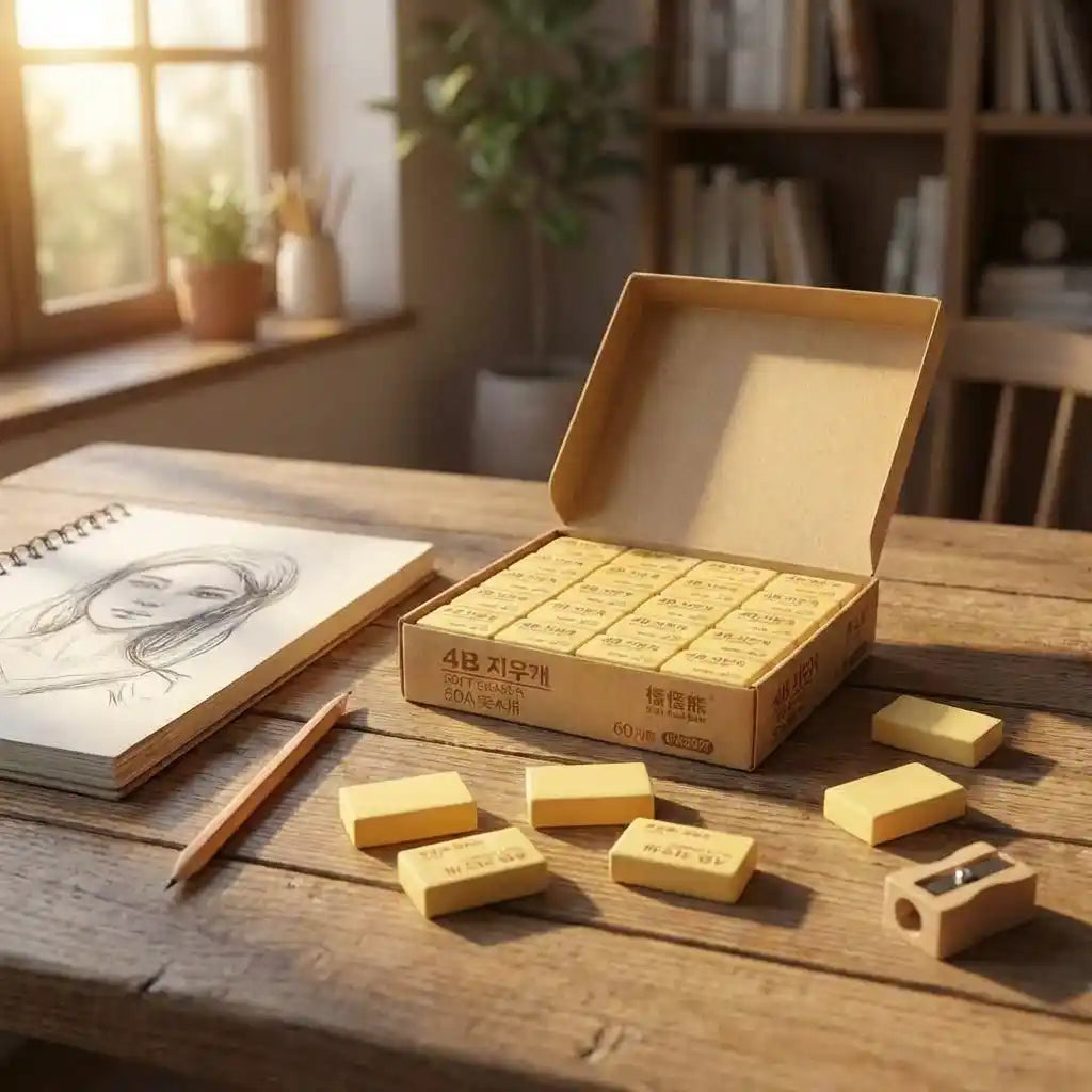 Pencil eraser set with open cardboard box and yellow eraser blocks on desk