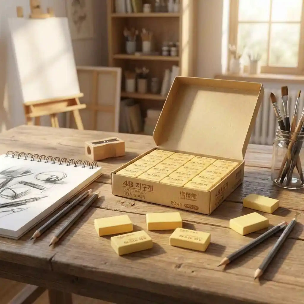 Pencil eraser set: open box of yellow eraser blocks and several loose blocks