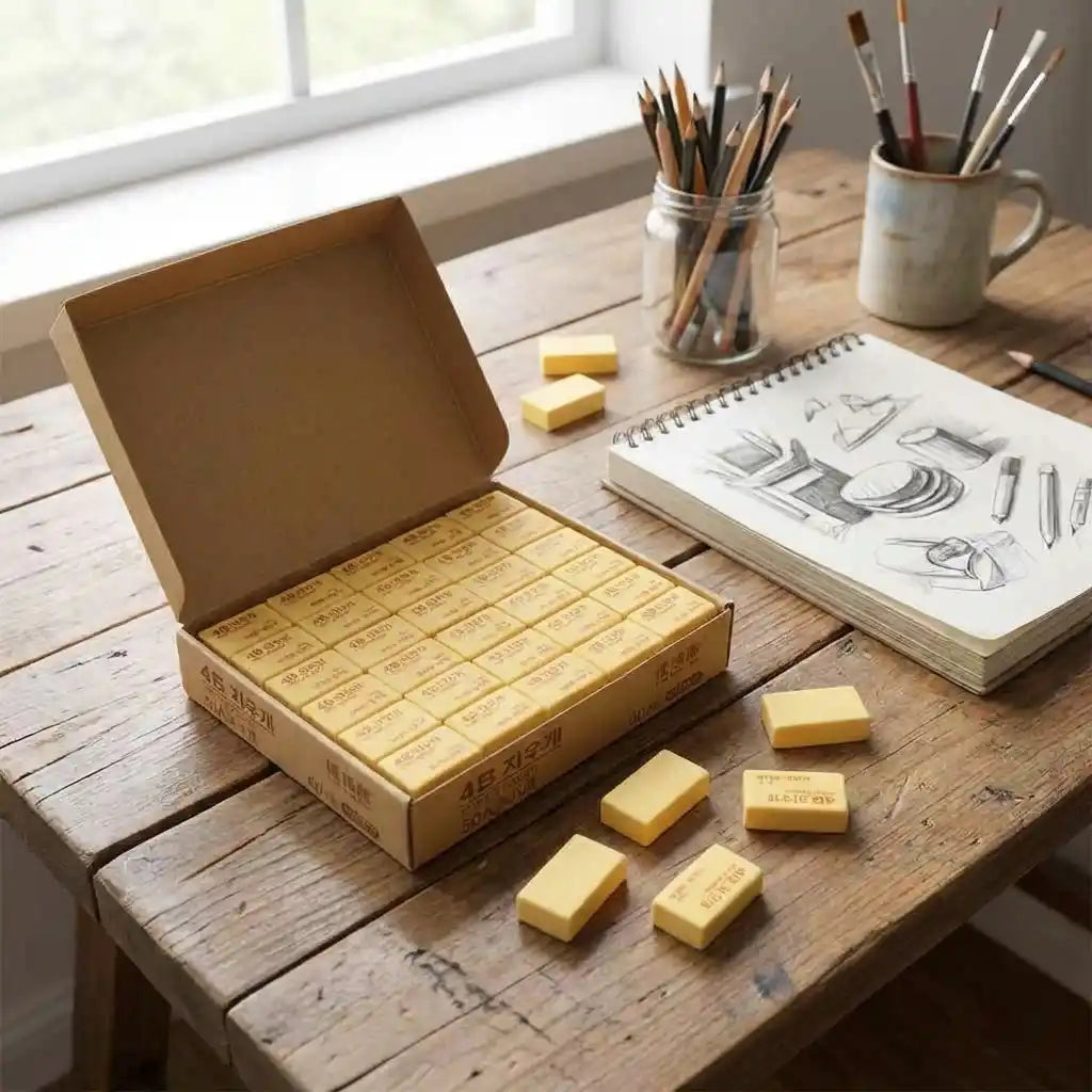Pencil eraser blocks, yellow, with open cardboard box and a few loose erasers