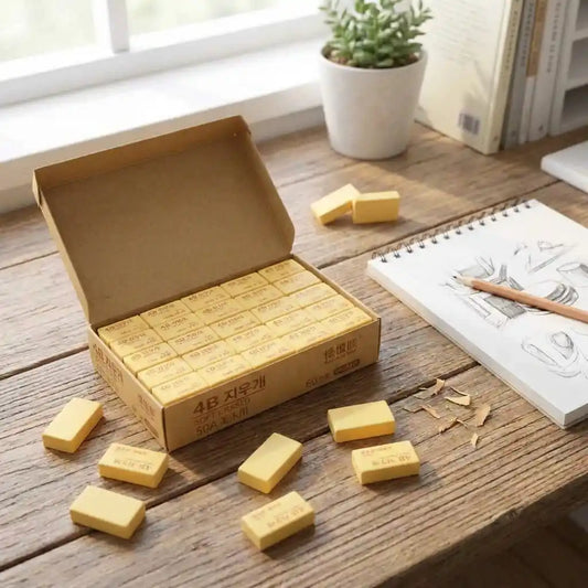 Pencil eraser blocks, yellow, with open cardboard box and loose erasers