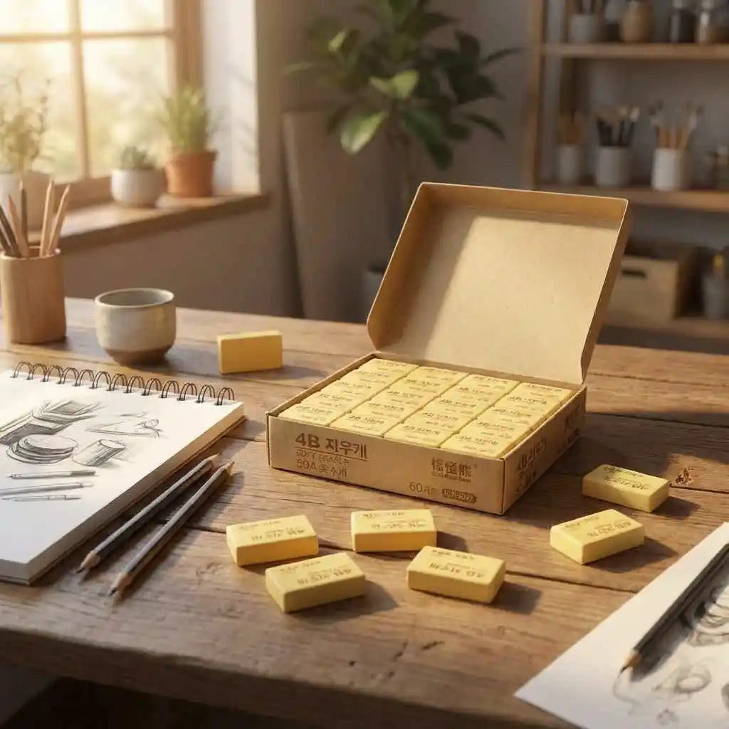 Pencil eraser blocks, yellow, scattered on desk with open cardboard box