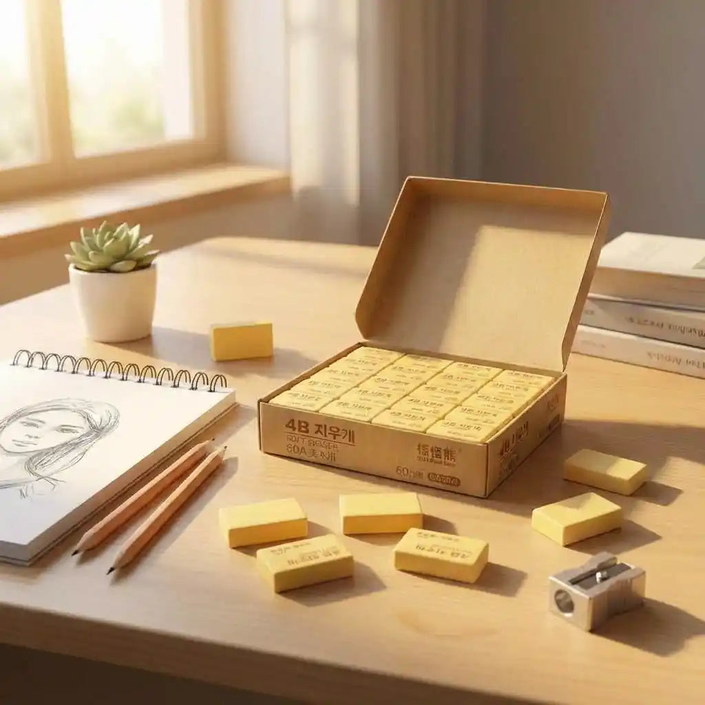 Pencil eraser blocks, yellow, with open cardboard box and several loose blocks
