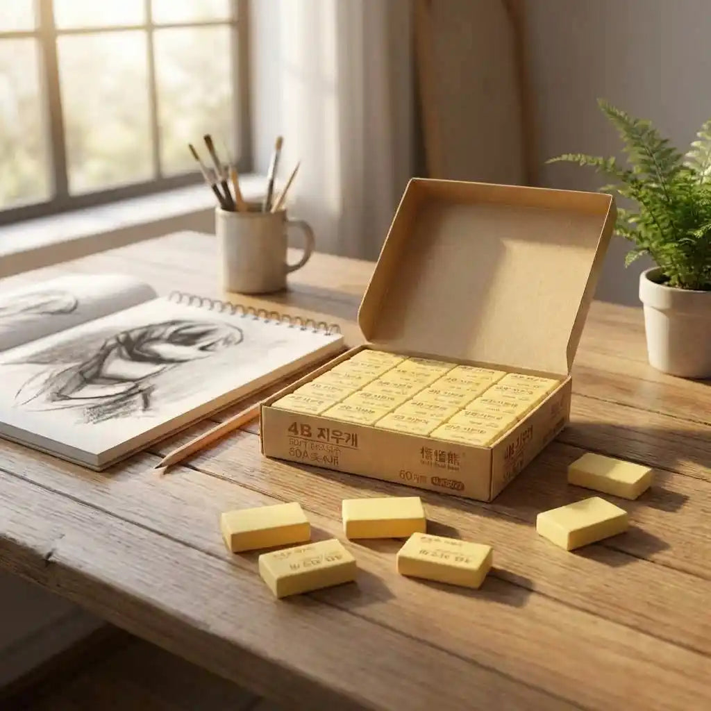 Pencil eraser blocks, yellow, in open box with scattered erasers on desk